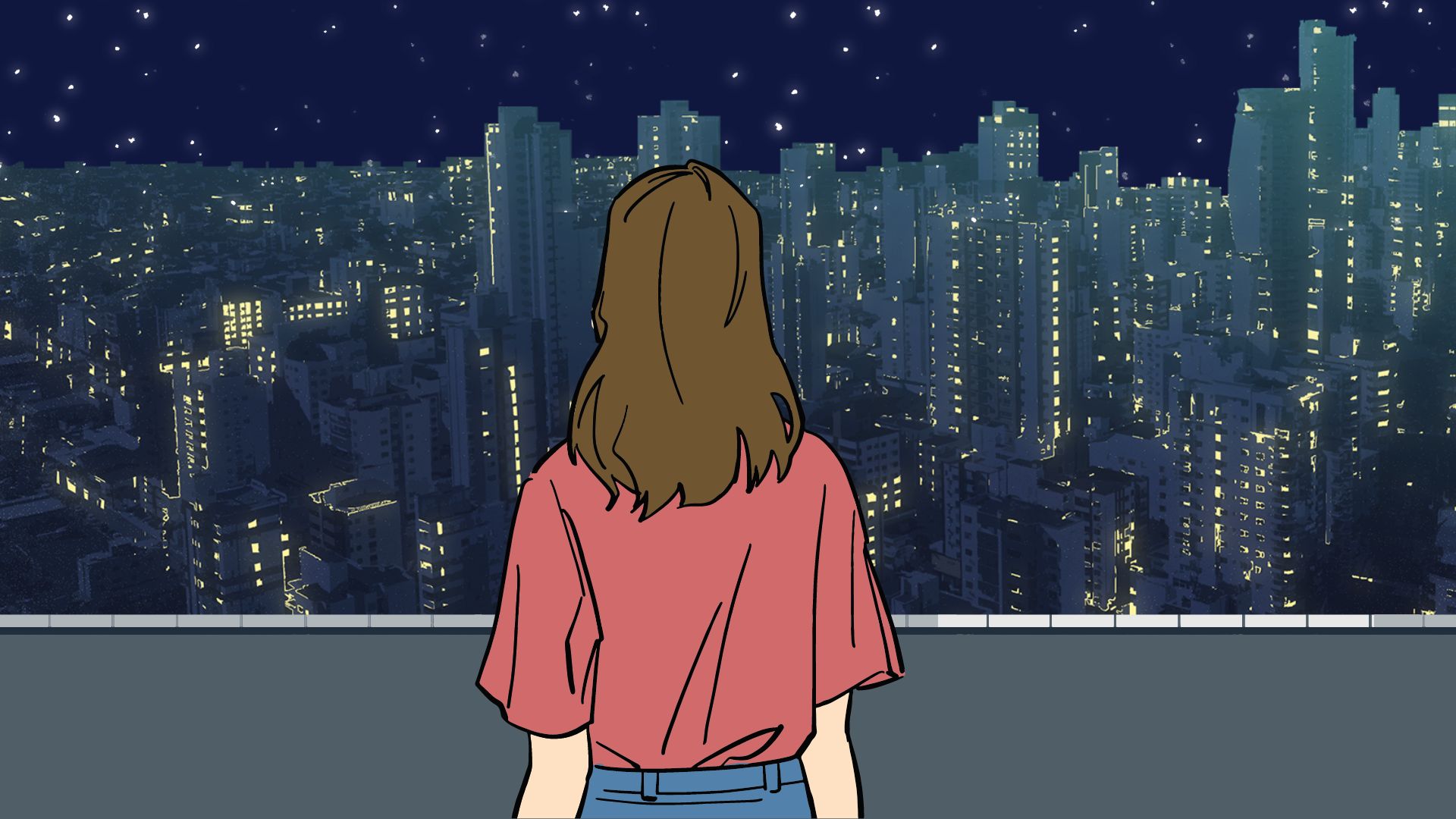 Violet Illustrated Girl Sea View City Night Sky Desktop Wallpaper