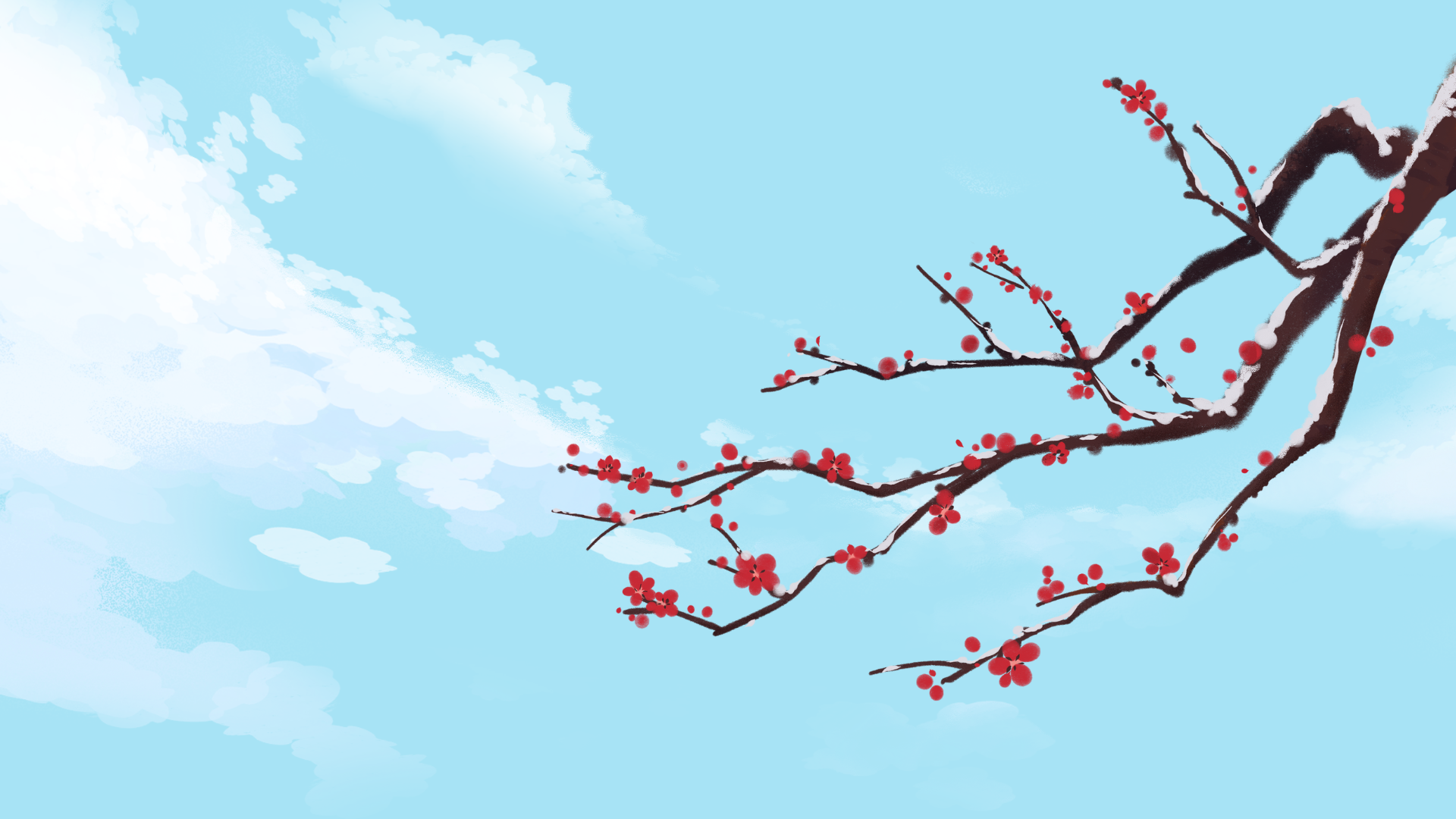 Light Blue and Red Illustrated Tree and Sky Desktop Wallpaper