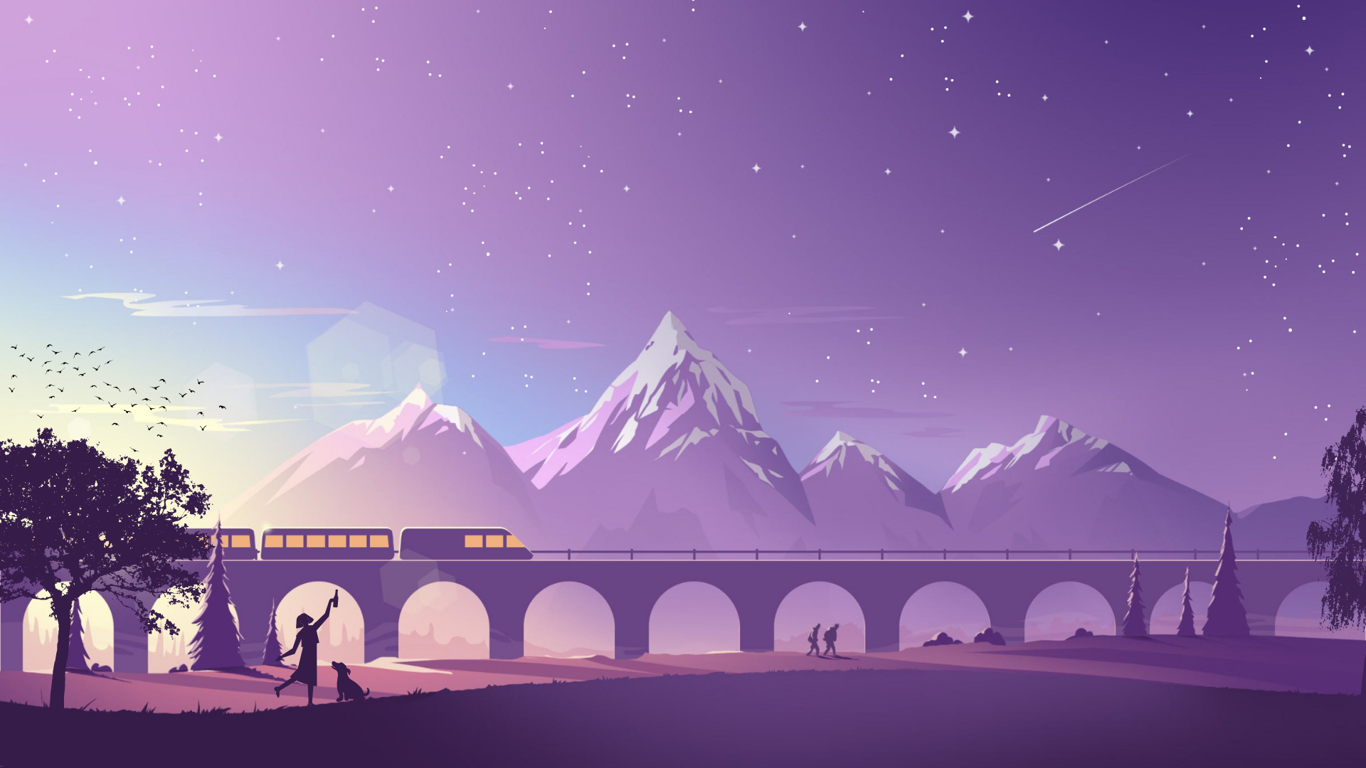 Purple Illustration Mountain and Train Desktop Wallpaper Anime Wallpapers